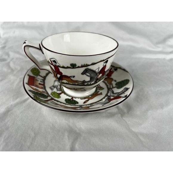 Hunting Scene Teacup Crown Staffordshire Tea Cup and Saucer Set Bone China 6 Pcs - Picture 9 of 9